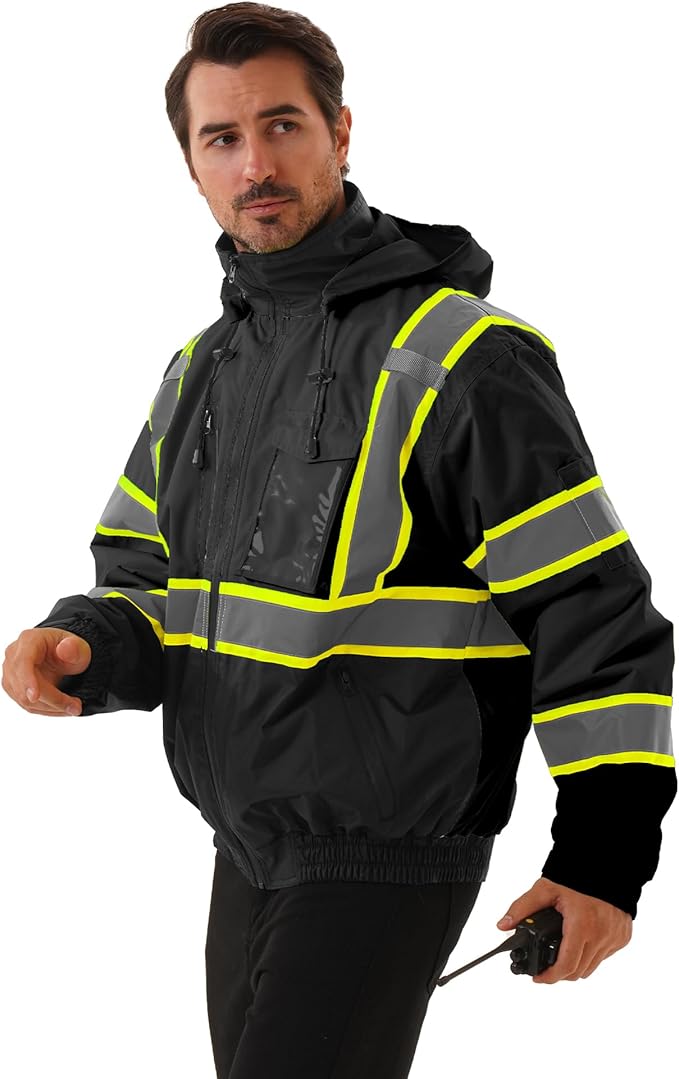 Hi Vis Safety jacket for men,Reflective high Visibility Hooded jacket,Work Bomber Jacket with Pockets and Zipper,Waterproof,ANSI Class 3 Black,2XL