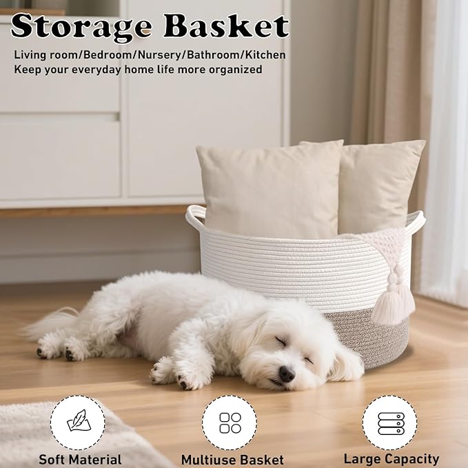 Large Storage Basket with Handle,19.7" L x 19.7" W x 13" H Blanket Basket Storage Bins for Organizing,65L Cotton Rope Woven Baskets for Living Room, Nursery ,Bedroom,White&Brown