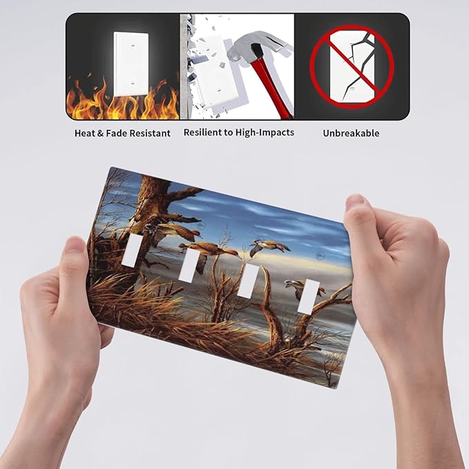 Hunting Flying Wild Ducks Quad Toggle Light Switch Covers Decorative 4 Gang Wall Plate Covers Fall Lakeside Reed Wildlife Animal Mallard 4 Hole Device Electrical Switchplate for Bathroom Decor