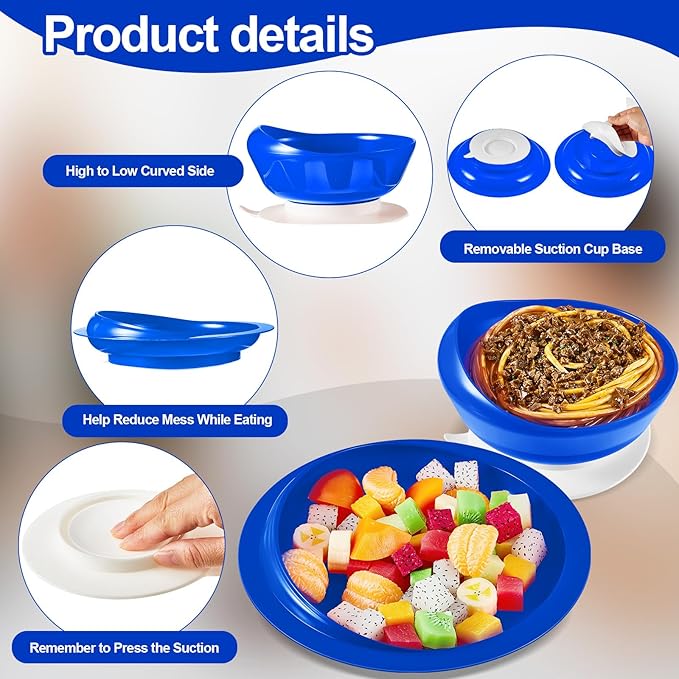 Hushee Adaptive Spill Proof Scoop Bowl and Plate Set with Suction Base Non Skid Self Feed Dinnerware for Elderly Disabled Handicapped from Parkinsons, Dementia, Stroke, Tremor(3 Sets,Blue)