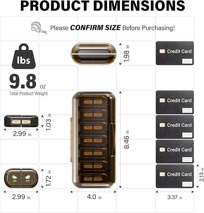 Weekly Pill Organizer 2 Times a Day, Moisture-Proof, Detachable Compartments, AM PM Pill Box 2X 7 Day, Travel Pill Organizer for Pills/Fish Oil/Medication/Vitamin/Supplements (Brown)