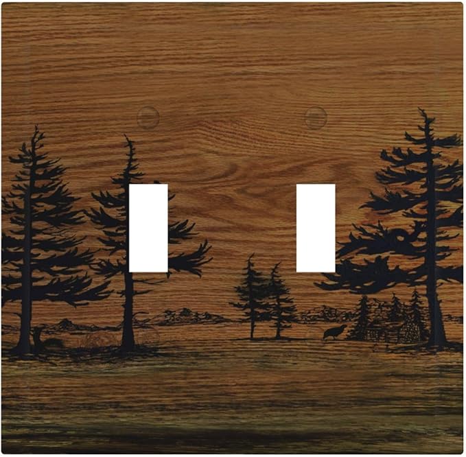 Decorative Light Switch Cover Plate Rustic Farmhouse Brown Board Pine Tree Wood Grain 2 Gang Switch Plate Covers Double Toggle Wall Plate Dual Device Faceplate for Bathroom Decor