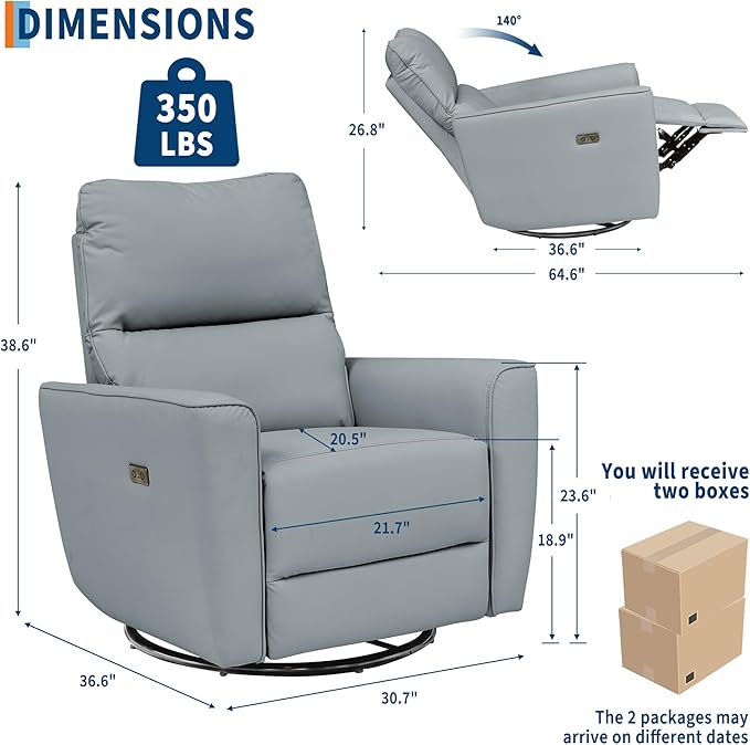 Power Recliner Chair Swivel Glider Faux Leather Upholstered Nursery Rocker Reclining Sofa Chair with Charging Port, Curved Armrests & Padded Backrest for Living Room and Bedroom (Power Gray)