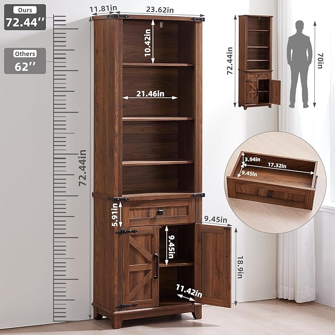 72in Tall Bookshelf 7 Tier Bookcase with Drawer and Barn Doors and Adjustable Shelves, Brown Farmhouse Book Shelf with Storage Cabinet, Wood Freestanding Display Bookshelves for Kitchen