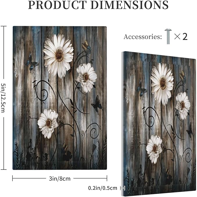 Rustic Wood Background Floral Butterfly Daisy Light Switch Cover Plate 1 Gang No Device Blank Electrical Wall Plates Faceplate Decorative Switch Plate Covers for Farmhouse Bedroom Decor