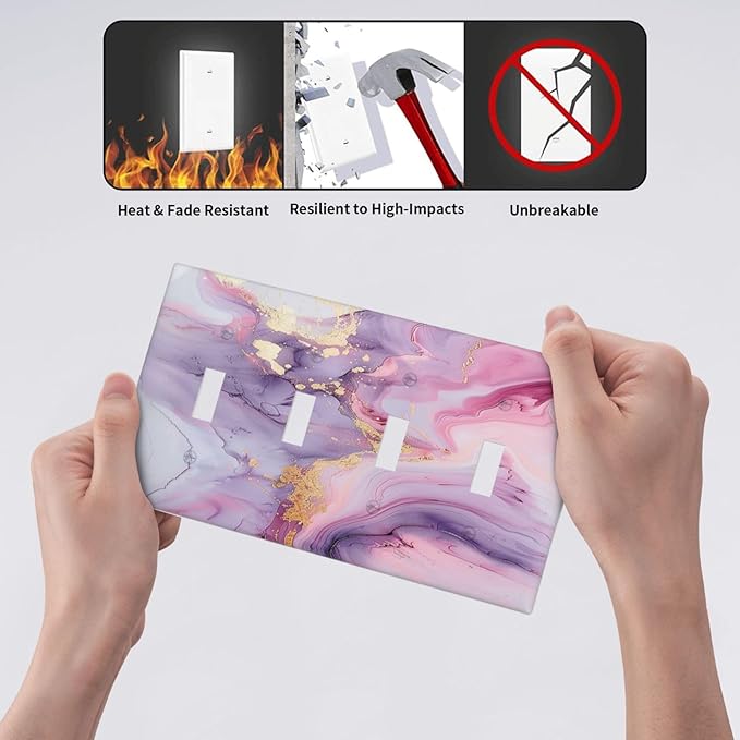 Light Switch Covers Pink Marble Abstract Purple Gold Texture Quad Toggle Electrical Faceplate 4 Gang Wall Plate Decorative Switch Plates for Bathroom living Room Decor