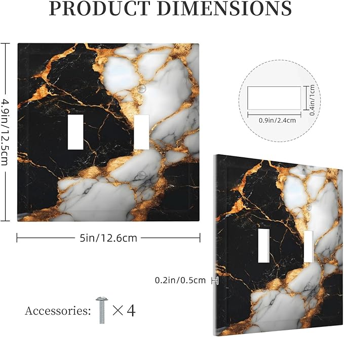 Decorative Light Switch Cover Plate Black Gold Marble 2 Gang Switch Plate Covers Double Toggle Wall Plate Dual Device Faceplate for Country Bathroom Bedroom Decor