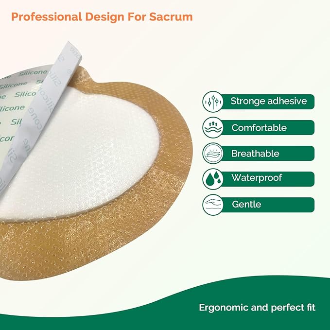 Sacral Foam Dressing 6"X7" Sacrum Silicone Foam Dressing with Border, High Absorbent Pads Breathable Adhesive Sacrum Bandage for Bed Sores Wound Care Bandages 5 Packs