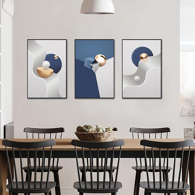 QKF Large Blue Geometry Abstract Wall Art Bright Canvas Decorative Painting Now Home, Bedroom, Living Room Painting Poster Printing Wall Decor 3-piece Set 20" X 28"