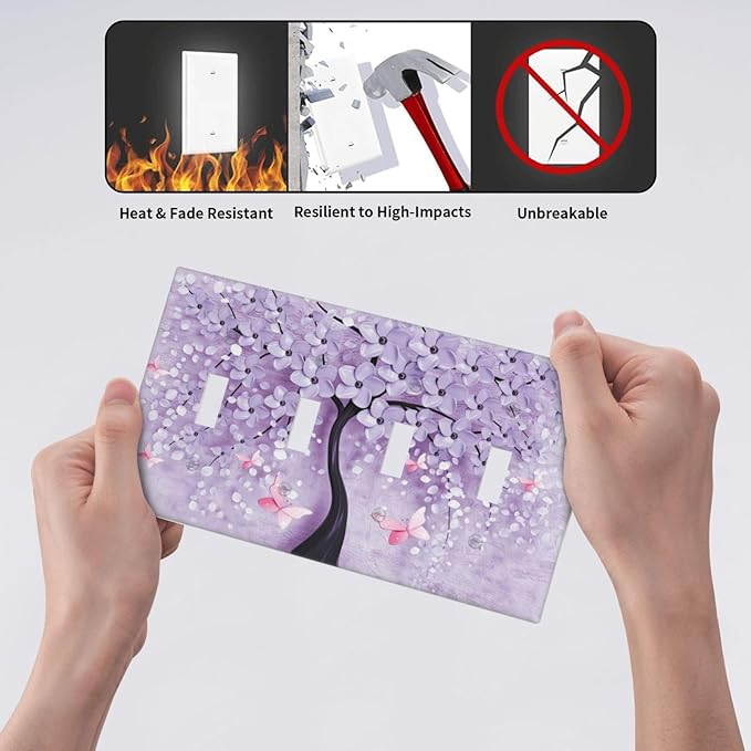 Light Switch Cover 3D Purple Tree 4 Gang Switch Plate Quad Toggle Wall Plates Decorative Switchplate Electrical Outlet Cover Plates for Bathroom Bedroom Decor