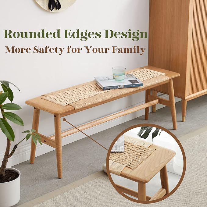 32" L 100% FAS Oak Wooden Bench Indoor - Solid Wood Rope Woven Entryway Bench, Dining Bench, Boho Furniture for Entryway, Dining Room, Bedroom, Kitchen (Natural)