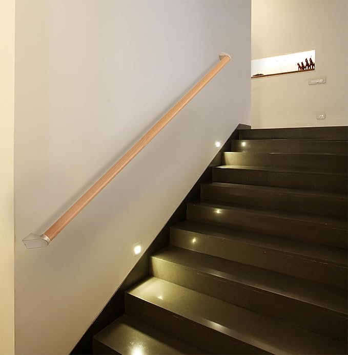 Handrails for Indoor Stairs,Railings，Stairs Handrail，Modern Aluminum Handrail Set, Wall Mounted，Anodized Silver, Rust Free. (Cherry Wood Grain, 16 FT)