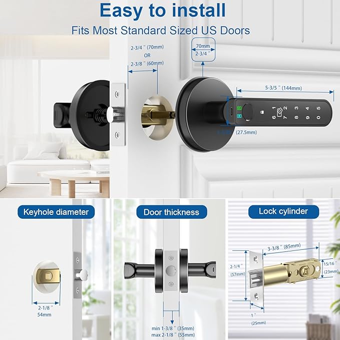 Fingerprint Door Lock, 6-in-1 Smart Door Knob with App Control/Fingerprints/IC Cards/Passwords/2 Keys, Fingerprint Door Knob Biometric Door Lock for Bedroom Apartment, Black