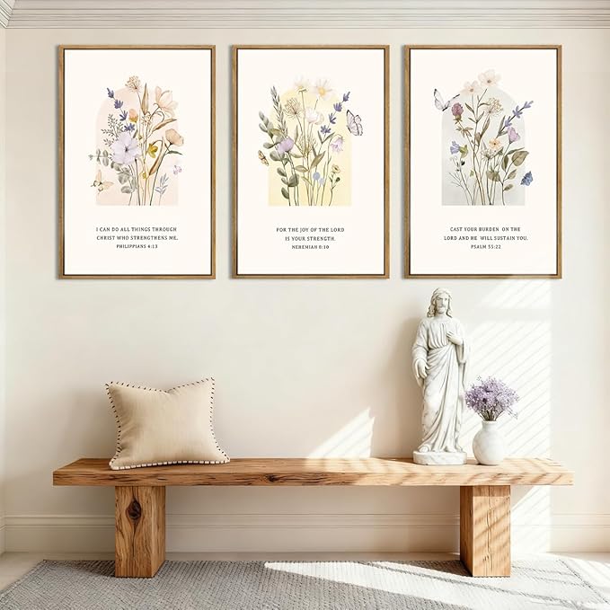 IARTTOP Extra Large Christian Floral Wall Art Framed 24x36 Inch Bible Verse Scripture Art Prints Minimalist Botanical Wildflower Religious Canvas Wall Decor for Living room Bedroom Set of 3