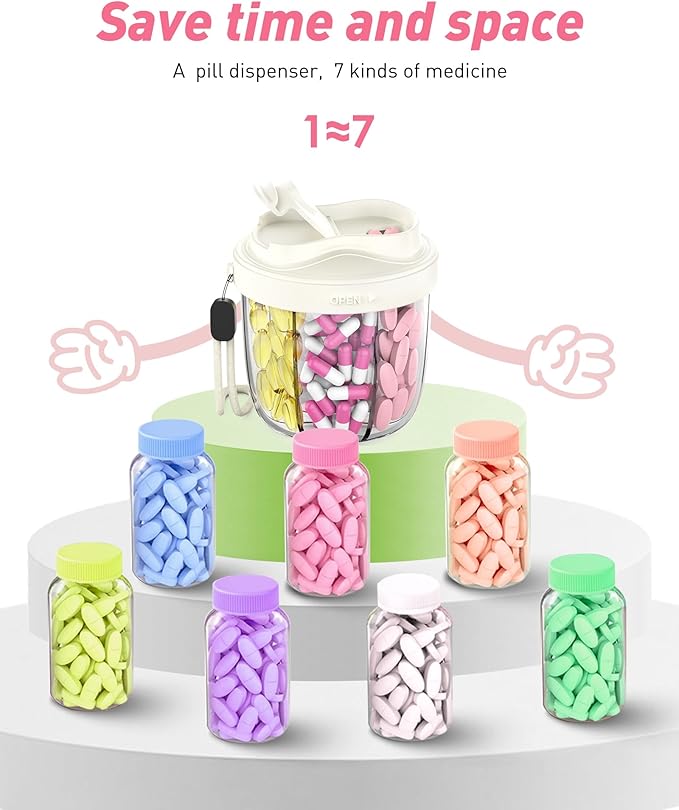 Pill Organizer,Pill Dispenser with 7 Large Compartments,Portable Pill Box for Travel, Anti-Mix Design & Wide Opening Design, Easy Access to Vitamin Dispenser, Includes 20 Blank Stickers(White)