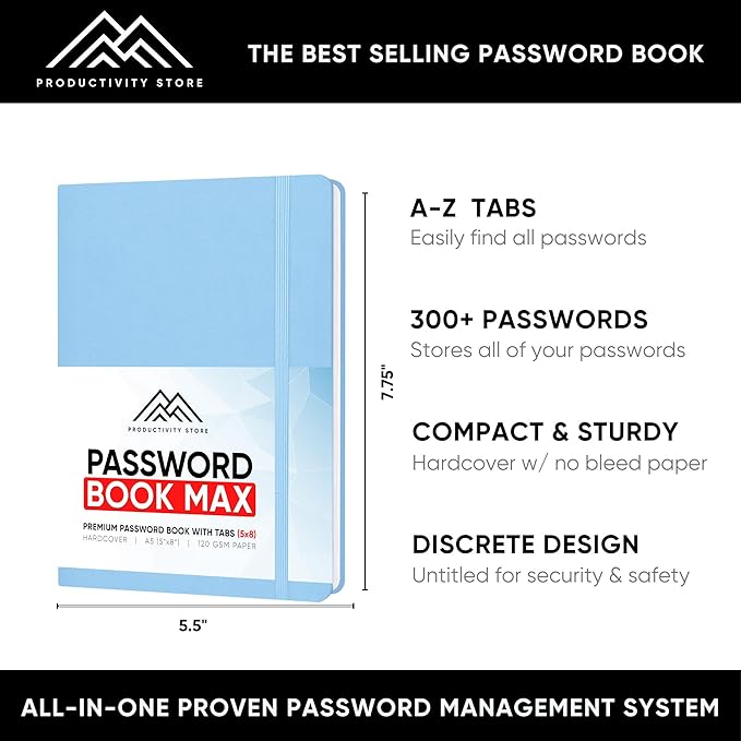 PRODUCTIVITY STORE Best Password Book With Alphabetical Tabs | Password Book, Organizer & Notebook | Password Keeper To Keep Website Logins & Passwords Safe | Black | Medium 5x8