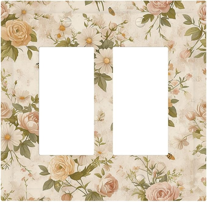 Decorative Outlet Covers Boho Vintage Roses Pink Red Yellow Bouquet Floral 2 Gang Double GFCI Rocker Electrical Wall Panels Light Switch Cover Plate for Bedroom living Room Decor