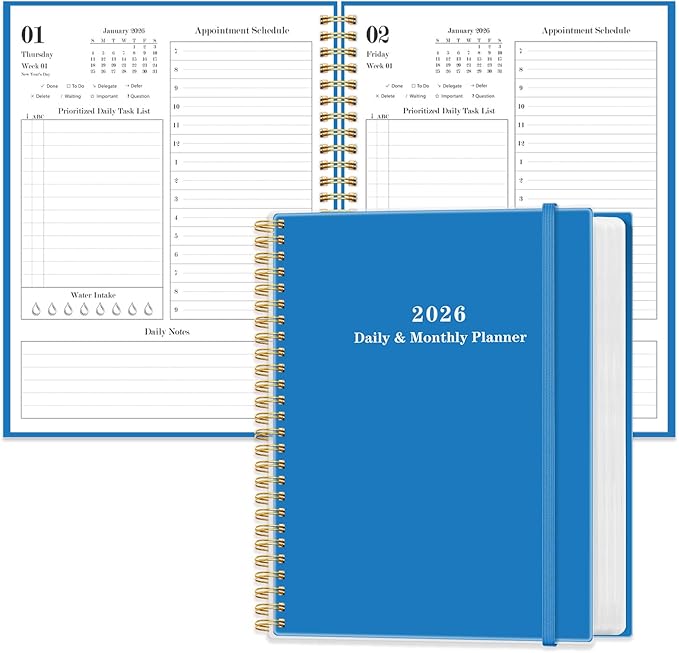Daily Planner 2026 - Full Page Per Day, Jan 2026 to Dec 2026, 2026 Daily Planner with Spiral Bound, Inner Pocket, Perfect for School Office Supplies, 7'' x 10'', Blue