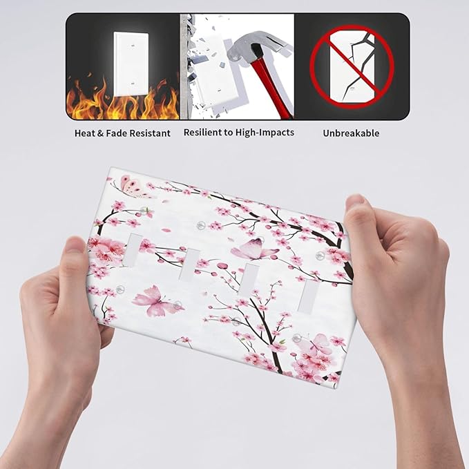 Cherry Floral Watercolor Pink Flowers Butterfly Light Switch Covers Quad Toggle Electrical Faceplate 4 Gang Wall Plate Decorative Switch Plates for Bed Room Living Room Decor
