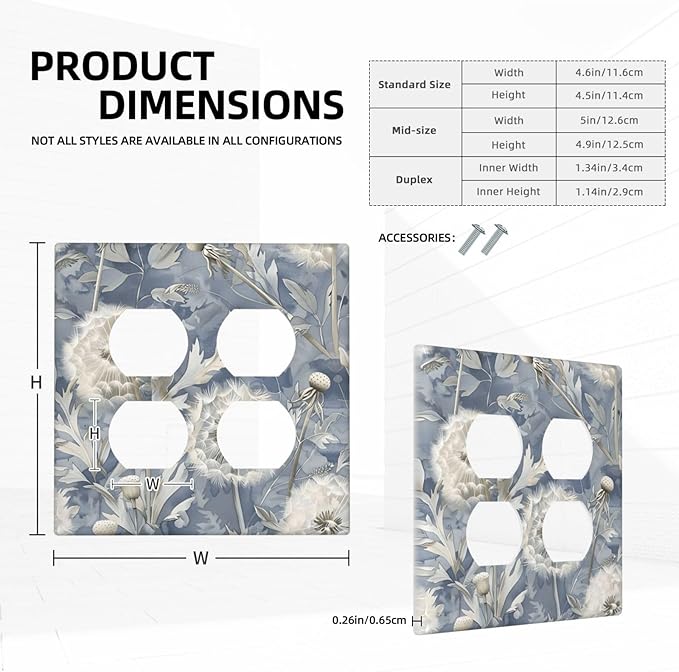 Blue Dandelion Vintage Floral Boho Flower Outlet Covers 2 Gang Double Duplex Decorative Light Switch Covers Electrical Wallplates Socket Faceplate for Bedroom Living Room Home Decor
