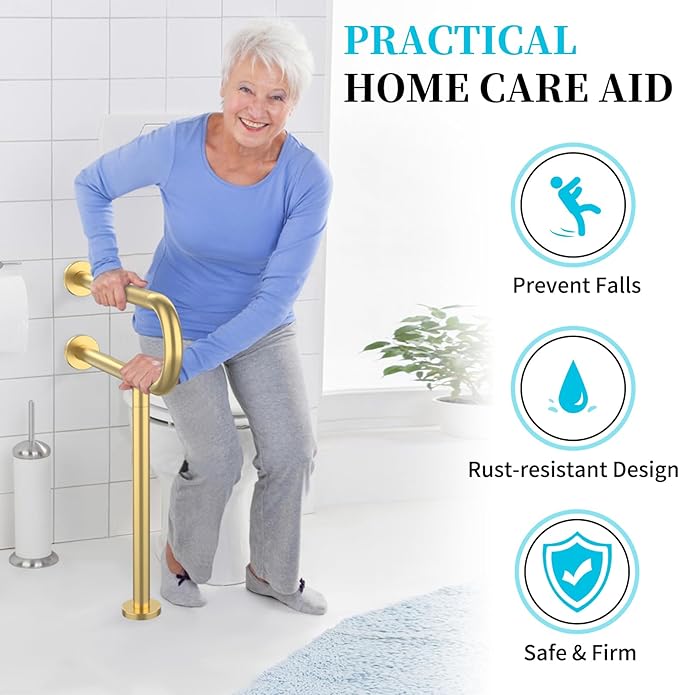 Toilet Support Rail 23.4X 28 Inch, Munzong Anti-Slip Gold Handicap Grab Bar for Bathroom, Stainless Steel Knurled Safety handrails with Leg for Elderly Disabled Pregnant-1.25’Tube