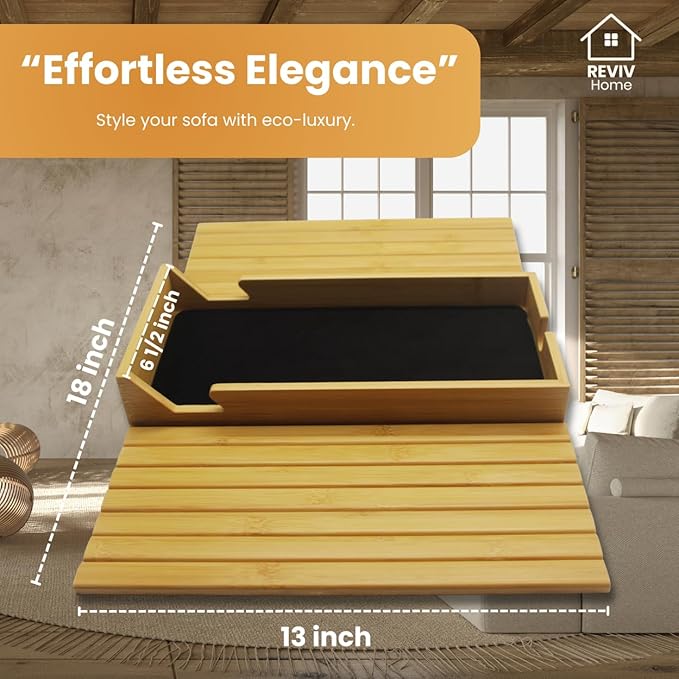 REVIV Bamboo Sofa Arm Tray Table - Foldable, Anti-Slip Couch Armrest Tray Table for Snacks, Drinks, and Devices, Flexible Couch Cup Holder, Durable and Natural Bamboo Design