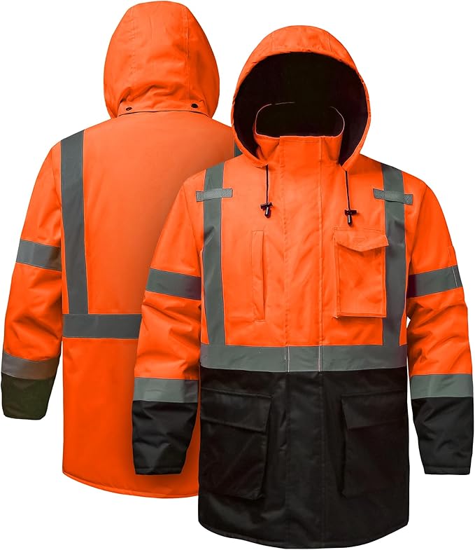 Reflective Jacket - High Visibility Waterproof Parka with Removable Hood and Zipper, Security Jacket Conforms ANSI Class 3 (Orange,Medium)