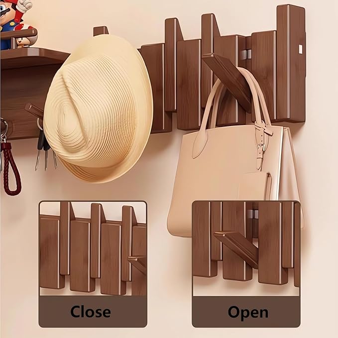 Wall Mounted Piano Key Hanger | Flip Style Hook | Entrance Wall Art Hook, Made of Oak Wood (3 Times Painted, 4 Times Polished) (Fence Beech, 4Hooks)