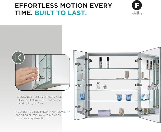 Fine Fixtures Bathroom Medicine Cabinet, Aluminum, Recessed/Surface Mount, 30" x 36", Right/Left Hinged, Mirrored Interior