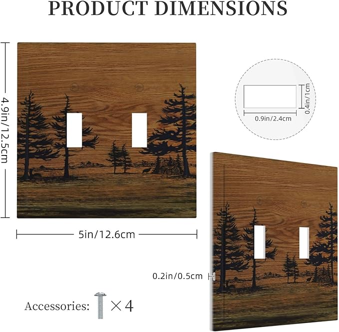 Decorative Light Switch Cover Plate Rustic Farmhouse Brown Board Pine Tree Wood Grain 2 Gang Switch Plate Covers Double Toggle Wall Plate Dual Device Faceplate for Bathroom Decor