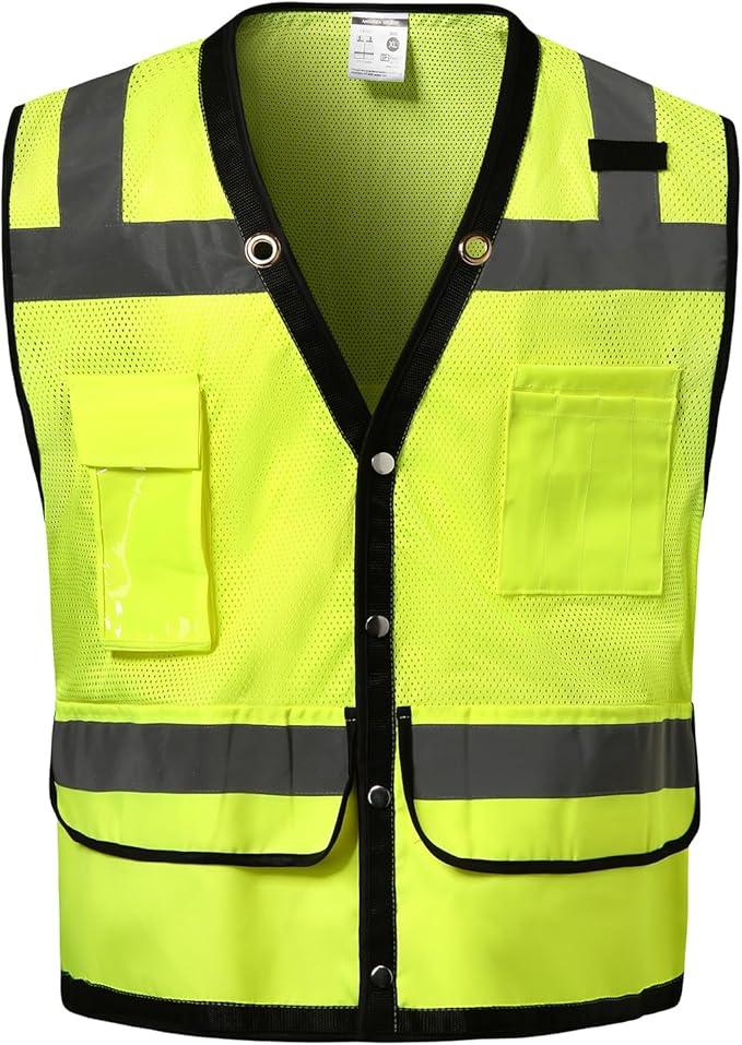 Reflective Safety vest With back plan pocket,High visibility Class 2 Heavy Duty Surveyor Vest,Hi Vis Vest ANSI/ISEA Standard, Construction Work Vest for Men＆Women(Lime-Button,4XL)