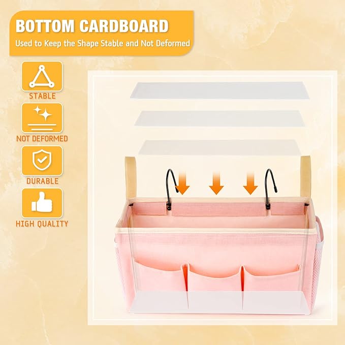 Bedside Organizer with Fixed Straps and Water Bottle Holder for Home, College, Dorm, Bunk, Hospital, Crib, Bed Rails - Pink