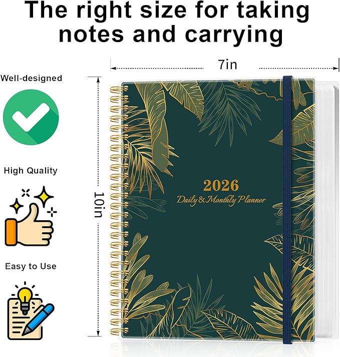 Daily Planner 2026 - Full Page Per Day, Jan 2026 to Dec 2026, 2026 Daily Planner with Spiral Bound, Inner Pocket, Perfect for School Office Supplies, 7'' x 10'', Green Gold Leaf