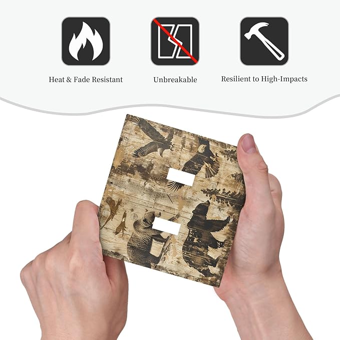 Decorative Switch Plates Vintage Cabin Wildlife Animal Bear Eagle Forest 2 Gang Double Toggle Outlet Light Switch Cover Wall Plate Electrical Faceplate for Farmhouse Bedroom Decor