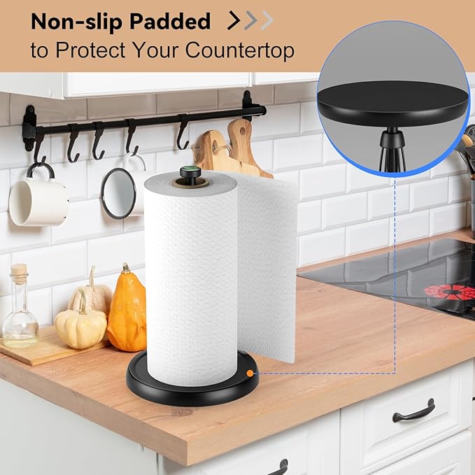Countertop Paper Towel Holder - One-Handed Tear with Ratchet Mechanism, Weighted Base Degradable Plastic Paper Towel Stand, Black Farmhouse Kitchen Bathroom Decor Accessories