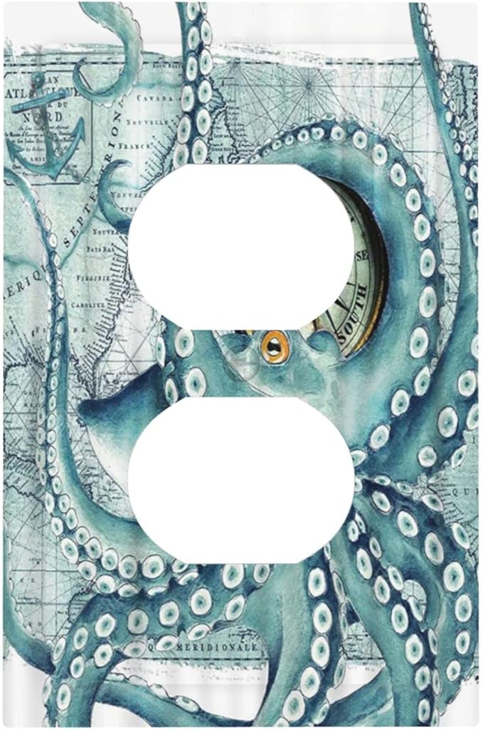 Outlet Covers Vintage Nautical Octopus Eyes Funny Ocean Kraken 1 Gang Duplex Light Switch Cover Decorative Single Receptacle Wall Plate Compass Pirate Map Electrical Switchplate for Farm Home