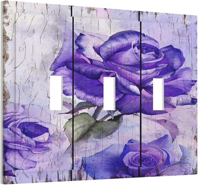 Light Switch Cover Purple Rose Flower Rustic Wood Plank 3 Gang Wall Plate Triple Light Switch Plate Toggle Decorative Outlet Covers Electrical Switchplate for Farmhouse Bathroom Decor