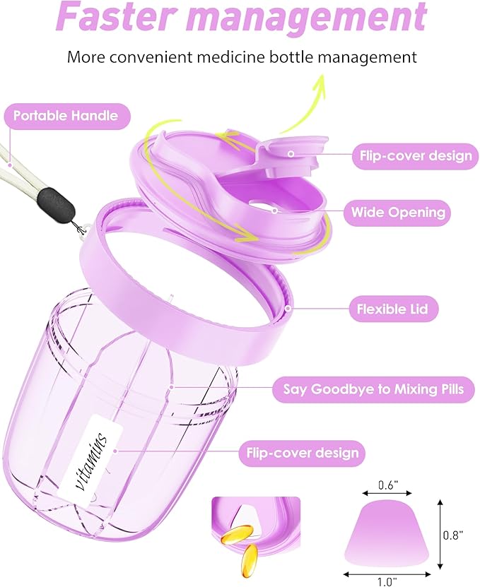 Pill Organizer,Pill Dispenser with 7 Large Compartments,Portable Pill Box for Travel, Anti-Mix Design & Wide Opening Design, Easy Access to Vitamin Dispenser, Includes 20 Blank Stickers(Purple)