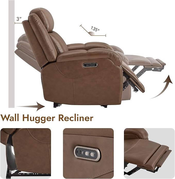 Watson & Whitely Oversized Genuine Leather Power Recliner Chairs for Big and Tall, Wall Hugger Recliner with Power Headrest & Charging Ports, Extra Large Reclining Chair for Living Room, Cafe