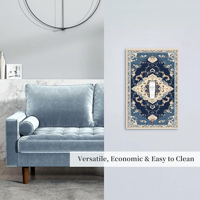 Decorative Light Switch Covers Boho Beige Navy Blue Medallion 1 Gang Light Switch Cover Plate Single Toggle Wall Plate Outlet Covers Wall Plate Dimmer Faceplate for Country Bathroom Bedroom