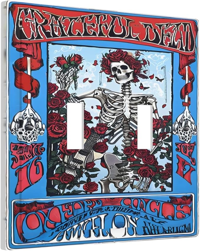 Decorative Light Switch Cover Plate Hippy Skull Red Rose Floral 2 Gang Switch Plate Covers Double Toggle Wall Plate Dual Device Faceplate for Bathroom Decor