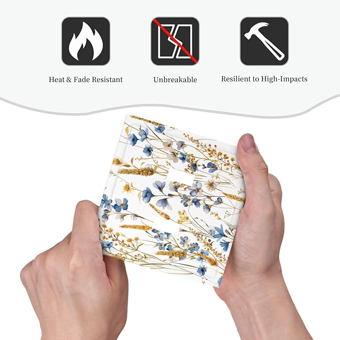 Vintage Wildflower Blue Gold Country Fall Wheat Floral Decorative Switch Plates 2 Gang Double Toggle Outlet Light Switch Cover Wall Plate Electrical Faceplate for Bedroom Living Room Decor