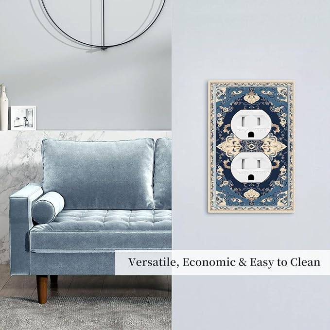 Outlet Covers Boho Beige Navy Blue Medallion Decorative 1 Gang Duplex Light Switch Cover Plate Receptacle Wall Plate Electrical Switch Plate Covers for Country Bathroom Bedroom Decor
