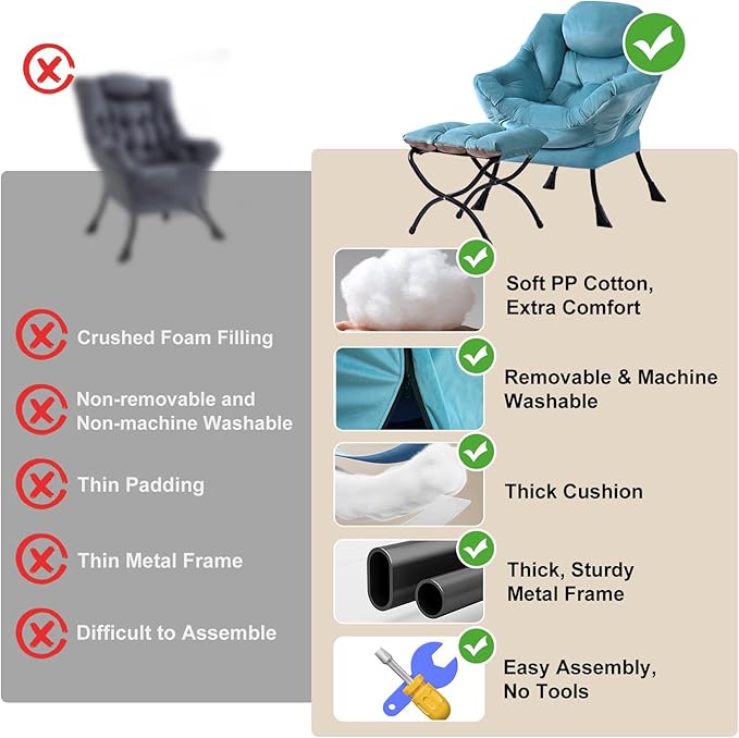 Lazy Chair with Ottoman, Modern Chair with Folding Footrest, Lounge Accent Chair, Comfortable Reading Chair (Velvet Light Blue
