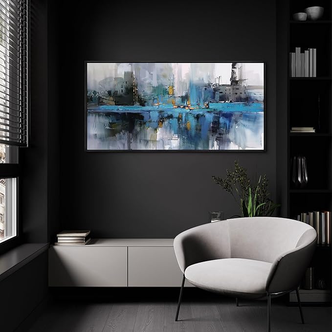 yiijeah Blue Wall art - Abstract Canvas Art Over Bed Wall Decor Bedroom Artwork for Wall Gray Picture Frames Painting Modern Wall Art for Living Room Office Home