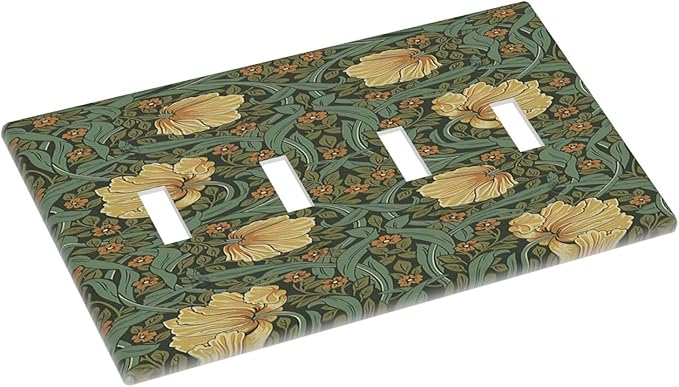 Light Switch Covers William Morris Floral Vintage Flowers Pattern Quad Toggle Electrical Faceplate 4 Gang Wall Plate Decorative Switch Plates for Bedroom living Room Decor