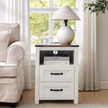White Rustic Night Stand, Farmhouse End Table, Modern Bedside Table with 2 Storage Drawers and Open Shelf, Tall Nightstand for Bedroom