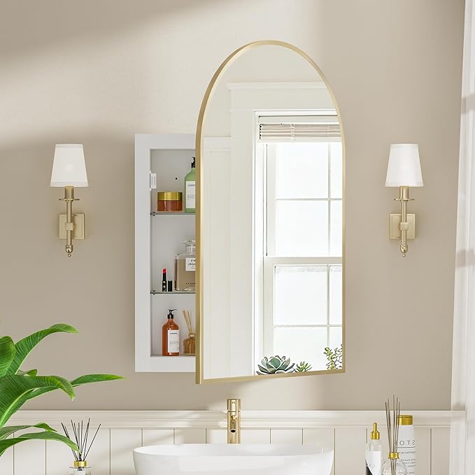 Recessed Medicine Cabinet for Bathroom,Brushed Gold Arched Medicine Cabinet with Mirror,Arch Mirrored Medicine Cabinets Recessed,Bathroom Mirror with Storage,Open from Left to Right 20x30