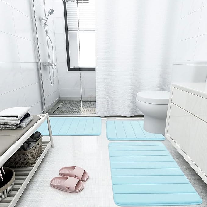 Buganda Memory Foam Bath Mat, 44" x 24", Ultra Soft and Non-Slip Bathroom Rugs, Water Absorbent and Machine Washable Bath Rug Runner for Bathroom, Shower, and Tub, Light Blue