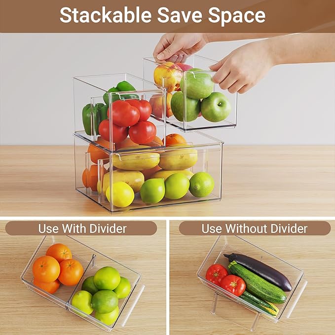 Clear Plastic Storage Bins 6 Pack, Stackable Storage Containers with Dividers, Tall 6" Thicken Storage Drawer Organizer Boxes for Pantry Kitchen Cabinets Fridge Vanity Makeup Craft C6-3